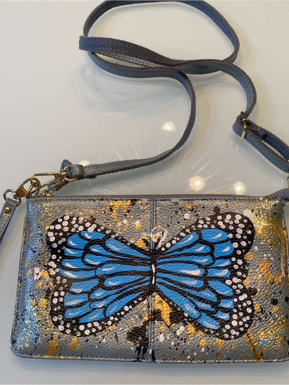 Custom Hand-Painted Blue Butterfly & Paint Splatter Convertible Wristlet Crossbo
